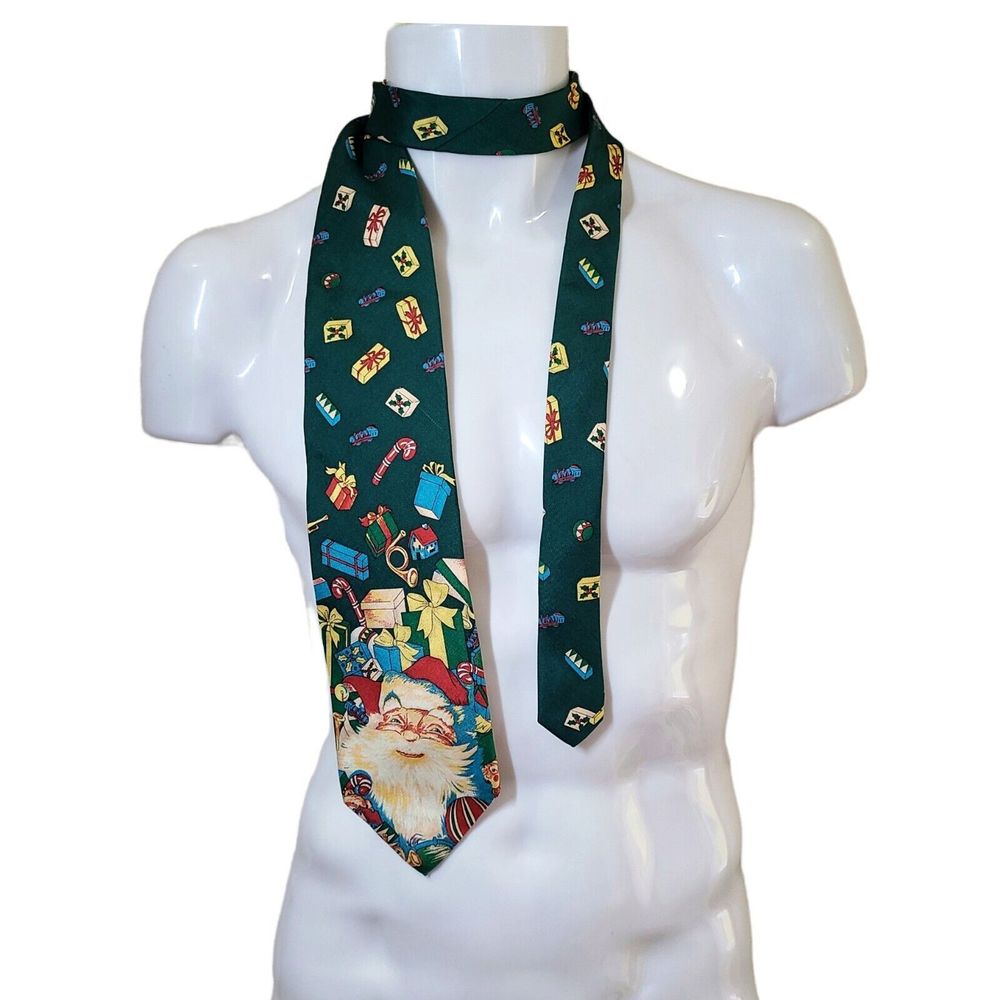 Harrison Santa Silk Tie Christmas Green Holiday Presents Office Party Hand Sewn